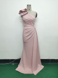 Women Beaded Flower Pleated Off-shoulder Split Evening Dress