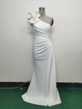 Women Beaded Flower Pleated Off-shoulder Split Evening Dress