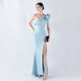 Women Lotus Leaf Shoulder Slash Shoulder Beaded Beaded Evening Dress
