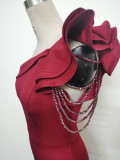 Women Lotus Leaf Shoulder Slash Shoulder Beaded Beaded Evening Dress