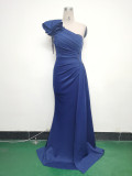 Women Beaded Flower Pleated Off-shoulder Split Evening Dress