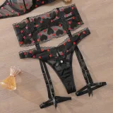 Heart Print Temptation Mesh Sexy Underwear Set Sexy Hollow Four-Piece Lingerie Set