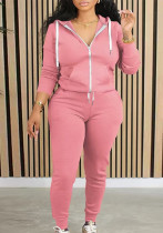 Spring, Autumn And Winter Women's Fashion Solid Color Hooded Top Pants Casual Set