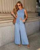 Fashion Chic Button Sleeveless Vest Wide Leg Denim Pants Two Piece Set