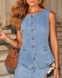 Fashion Chic Button Sleeveless Vest Wide Leg Denim Pants Two Piece Set