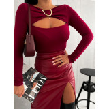 Solid Color Slim Sexy Hollow Long Sleeve Women's T-Shirt