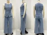 Fashion Chic Button Sleeveless Vest Wide Leg Denim Pants Two Piece Set