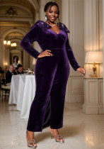 Fashion Sequin Bowknot V-Neck Women's Long Sleeve Party Jumpsuit