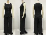 Fashion Chic Button Sleeveless Vest Wide Leg Denim Pants Two Piece Set