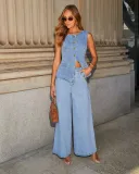 Fashion Chic Button Sleeveless Vest Wide Leg Denim Pants Two Piece Set