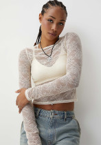 Women's See-Through Sexy Round Neck Slim Solid Color Long Sleeve Lace Top