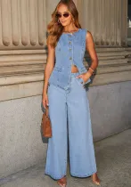 Fashion Chic Button Sleeveless Vest Wide Leg Denim Pants Two Piece Set