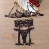 Heart Print Temptation Mesh Sexy Underwear Set Sexy Hollow Four-Piece Lingerie Set