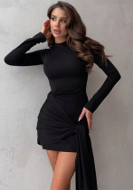 Autumn Fashion Elegant Chic Round Neck Long Sleeve Pleated Patchwork High Waist Bodycon Dress