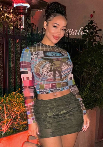 Autumn Fashion Trend Round Neck Long Sleeve Tight Fitting Women Crop Top