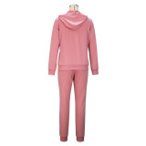 Spring, Autumn And Winter Women's Fashion Solid Color Hooded Top Pants Casual Set
