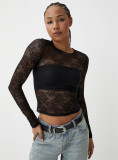 Women's See-Through Sexy Round Neck Slim Solid Color Long Sleeve Lace Top