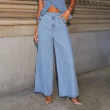 Fashion Chic Button Sleeveless Vest Wide Leg Denim Pants Two Piece Set