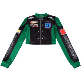 Women autumn and winter sexy American retro printed long-sleeved Crop baseball jacket