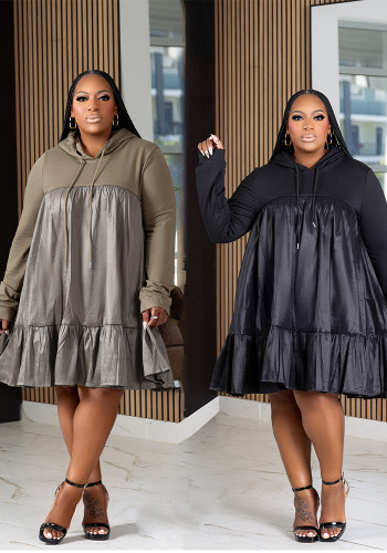 Plus Size Women patchwork hooded long sleeve maxi dress