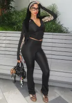 Women autumn contrast leopard print long sleeve Top and Pant two-piece set