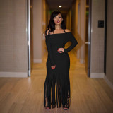 Women sexy off shoulder tassel bodycon long sleeve off-shoulder evening dress