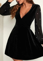 Women autumn and winter sexy v-neck velvet chiffon patchwork long sleeve dress