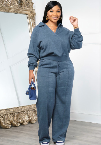 Women autumn and winter solid v-neck long sleeve casual sports top and pant two-piece set