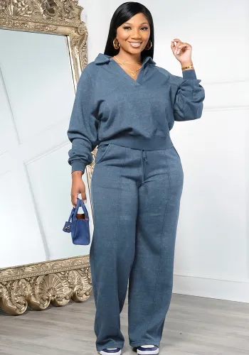 Women autumn and winter solid v-neck long sleeve casual sports top and pant two-piece set
