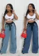 Women casual letter color matching denim wide leg pants