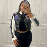 Women autumn and winter sexy American retro printed long-sleeved Crop baseball jacket