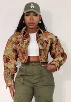 Women  Retro jacquard Turndown Collar Cardigan Jacket