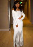 Women sexy off shoulder tassel bodycon long sleeve off-shoulder evening dress