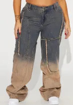 Patchwork Gradient Contrast High Waist Loose Straight Street Fashion Women Denim Pants