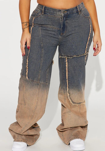 Patchwork Gradient Contrast High Waist Loose Straight Street Fashion Women Denim Pants