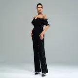 Women's Sexy Long Off Shoulder Sequins Formal Party Jumpsuit