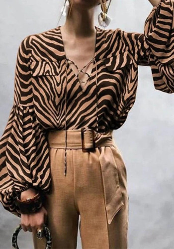 Women's Spring Summer Zebra Print V-Neck Lace-Up Long-Sleeved Shirt