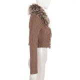 Autumn Winter American Detachable Fur Collar Cardigan Sweater Slim Short Jacket Top Women's Clothing
