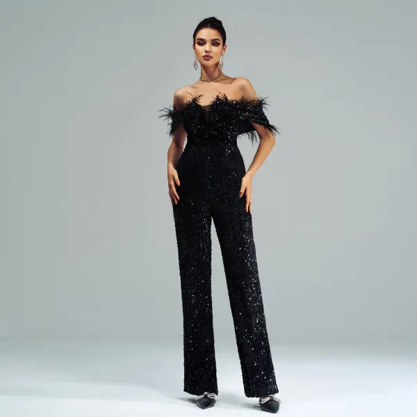 Women's Sexy Long Off Shoulder Sequins Formal Party Jumpsuit