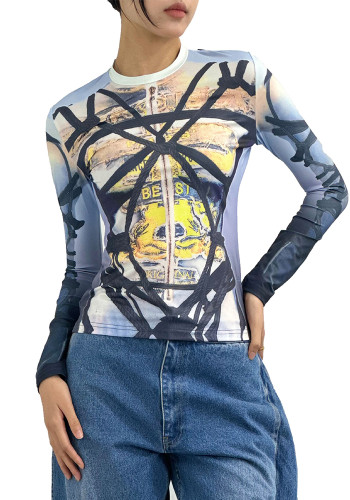 Printed Long-Sleeved T-Shirt Female Spring And Autumn Slim Casual Tops Outdoor Wear