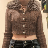 Autumn Winter American Detachable Fur Collar Cardigan Sweater Slim Short Jacket Top Women's Clothing