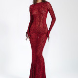 Sexy Low Back Bell Bottom Sleeve Fishtail Red Leopard Print Mesh Long Dress
