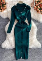 Long Sleeve Halter Neck V-Neck Elastic Knitting Dress Autumn Winter Chic Bodycon Long Dress