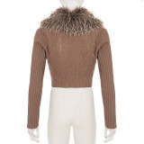 Autumn Winter American Detachable Fur Collar Cardigan Sweater Slim Short Jacket Top Women's Clothing