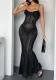 Street See-Through Flocking Solid Color Strap Long Dress