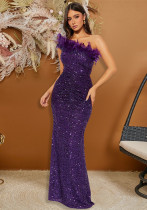 Women Solid Color Sequin Feather Patchwork Long Sexy Dress