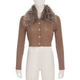 Autumn Winter American Detachable Fur Collar Cardigan Sweater Slim Short Jacket Top Women's Clothing
