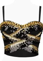 Metallic Sequins Tight Fitting Bra Outdoor Wear Short Nightclub Sexy Strap Vest