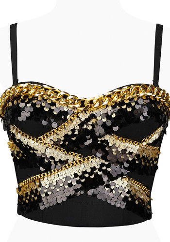 Metallic Sequins Tight Fitting Bra Outdoor Wear Short Nightclub Sexy Strap Vest
