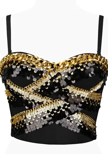 Metallic Sequins Tight Fitting Bra Outdoor Wear Short Nightclub Sexy Strap Vest